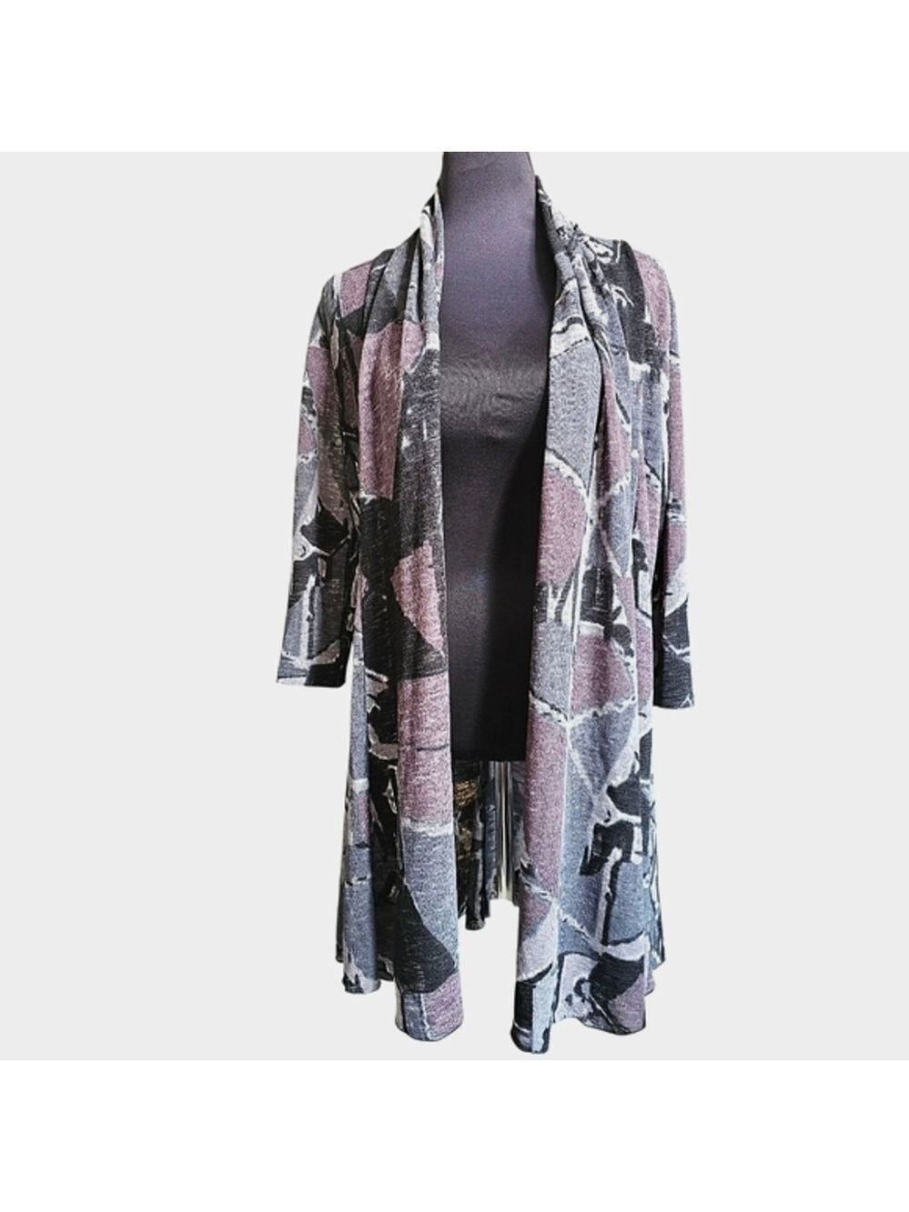CREATION 3/4 Sleeve Purple & Gray Open Front Cover Up Cardigan Size Large NWT
